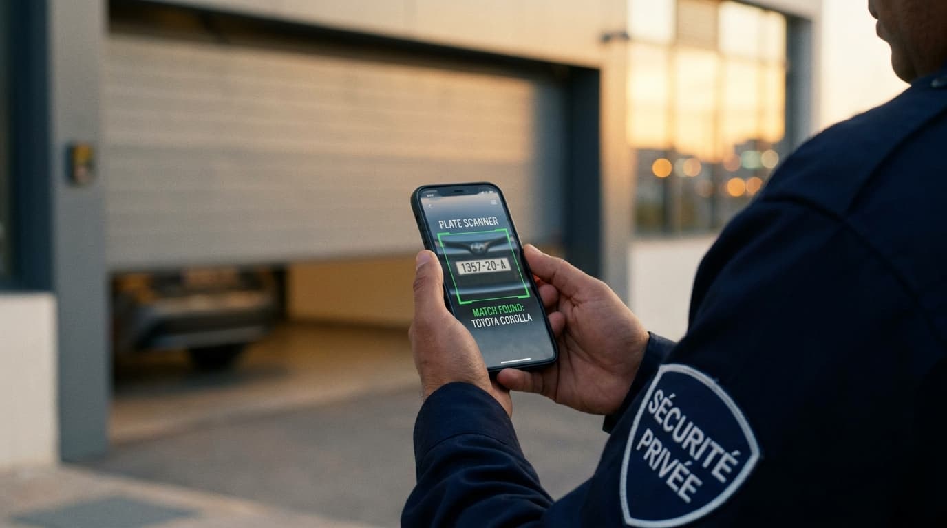 Agent de sécurité validant une plaque d'immatriculation avec l'application SecurAcc.